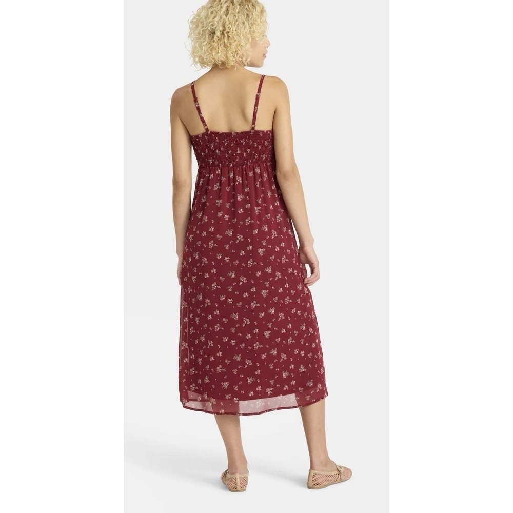 No Boundaries Burgundy Floral Midi Dress Lace Trim Smocked Back Cottagecore Med - Picture 3 of 4